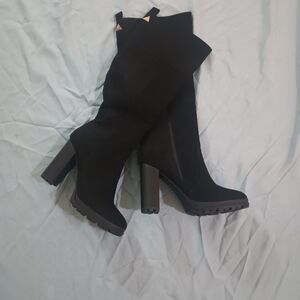 Shandee Tall Lug Sole JustFab Black Chunky Heel Knee-High Boots